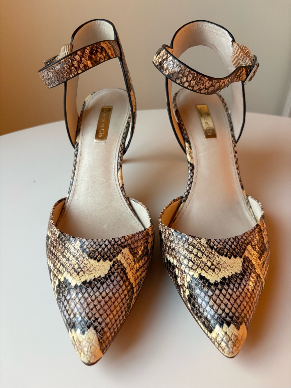 Louise et Cie Snakeskin Pointed-Toe Ankle-Strap Heels Leather US 8 EU 38.5
